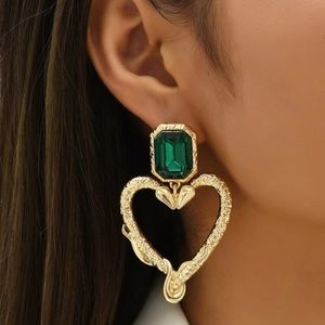 Gold-Tone Hollow Heart Drop Earrings with Emerald-Cut Gemstone Stud